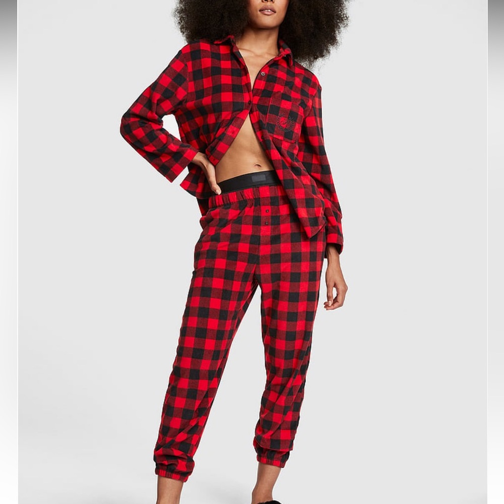 PINK VICTORIAS SECRET Polar Fleece Jogger Buffalo Check Women’s PJ  Set XXL NWT